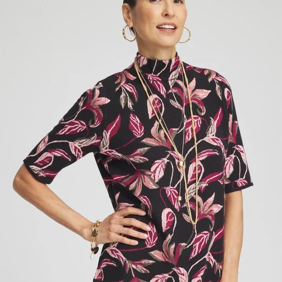 Chico's Black and Pink Floral Turtleneck Sweater NWT 0 - Picture 3 of 4